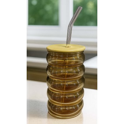450ML VASO VIDRIO AMBAR C/SORBETE TAPA BAMBOO