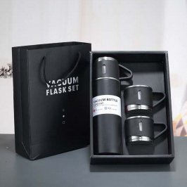 SET 500ML TERMO ACERO INOX + 3 TAZAS NEGRO