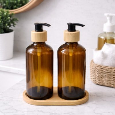 SET 2 DISPENSER VIDRIO C/BASE MADERA