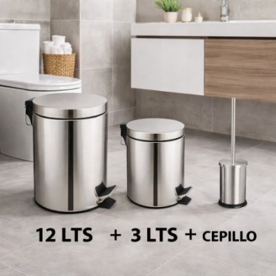SET 12LT + 3LT TACHO BASURA MATE + CEPILLO DE BAÑO C/CIERRE SUAVE