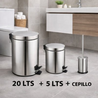 SET 20LT + 5LT TACHO BASURA MATE + CEPILLO DE BAÑO C/CIERRE SUAVE